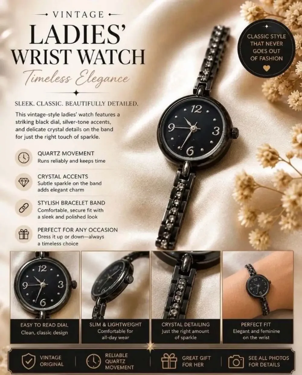 Women’s Black Dial Quartz Watch Rhinestone Crystal Bracelet Silver Tone